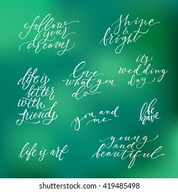 Huge hand drawn lettering set. Modern calligraphy. Ink illustration. Design for banner, poster, card, invitation, flyer, brochure, t-shirt, blog. Isolated on textured color background. 