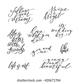 Huge hand drawn lettering set. Modern calligraphy. Ink illustration. Design for banner, poster, card, invitation, flyer, brochure, t-shirt, blog. Isolated on color background. 