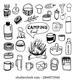 Huge hand drawn vector camping food and drink clip art set. Isolated on white background drawing for prints, poster, cute stationery, travel design. High quality illustrations