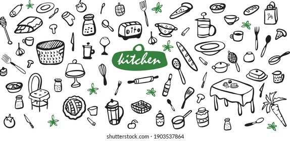 Huge hand drawn vector kitchen clip art set. Isolated on white background drawing for prints, poster. High quality illustrations