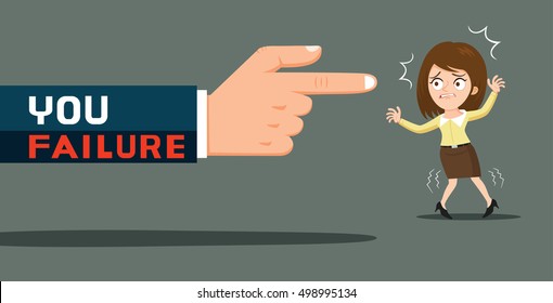 Huge hand with fail word pointing index finger at businesswoman, vector illustration cartoon