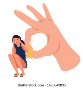 Huge hand flicking crying girl. Woman with guilt feelings. Stressed woman with mental problem, self hate or abused by critic. Concept of harmful criticism. Colorful illustration vector in flat style