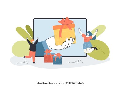 Huge hand with gift box on tablet screen. Happy people receiving birthday presents online flat vector illustration. Online shopping, surprise concept for banner, website design or landing web page