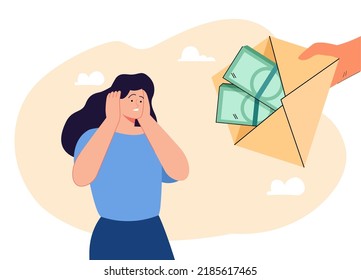 Mano enorme dando sobre con billetes a una mujer confundida. Persona que ofrece dinero o trabajo a la niña, ilustración vectorial plana. Cualificación, oportunidad, inversión, concepto de finanzas para banner