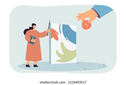 Huge hand giving gold coin to artist flat vector illustration. Person or client paying designer for order or drawing. Art, money, occupation concept for banner, website design or landing web page