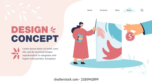 Huge hand giving gold coin to artist flat vector illustration. Person or client paying designer for order or drawing. Art, money, occupation concept for banner, website design or landing web page