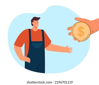 Huge hand giving gold coin to repairman or mechanic. Cartoon Man in uniform getting money flat vector illustration. Finances, salary, maintenance concept for banner, website design or landing web page