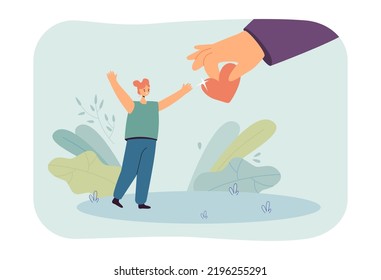 Huge hand giving heart to girl flat vector illustration. Female character receiving support, care and love from friends. Love, togetherness concept for banner, website design or landing web page