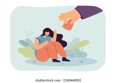 Huge hand giving heart to sad girl flat vector illustration. Unhappy woman refusing support or rejecting feelings. Expression, love, relationship concept for banner, website design or landing web page