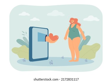 Huge hand giving heart to sad fat girl flat vector illustration. Upset woman getting approval of society. Obesity, feminism, positivity concept for banner, website design or landing web page