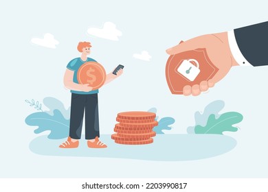Huge hand giving man with money shield flat vector illustration. Personal information and account security. Protection, safety, insurance concept for banner, website design or landing web page