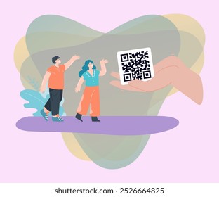 Riesige Hand, die winzigen Zeichentrickkunden QR-Code gibt. Mann und Frau mit Blick auf Barcode flache Vektorgrafik. Shopping, Information, Technologiekonzept für Banner, Website-Design oder Landing-Web-Seite