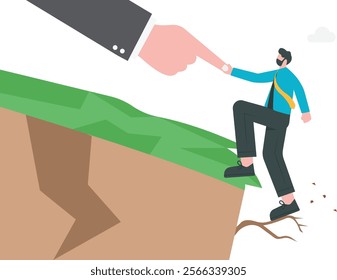 Huge hand help businessman verge of falling off the cliff, vector illustration cartoon
