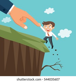 Huge hand help businessman verge of falling off the cliff, vector illustration cartoon