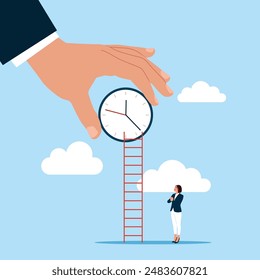 Huge hand hold a big clock. Work deadline or time management. Vector illustration