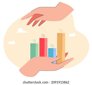 Una mano enorme sujetando gráficos de barras. Gráfica de beneficios entre las manos humanas y la ilustración vectorial plana. Finanzas, economía, crecimiento de negocios, concepto de marketing para banner, diseño de sitios web o página web de aterrizaje