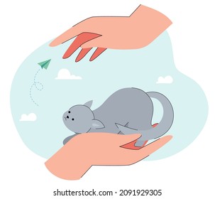 Huge hand holding cute little homeless kitten. Grey cat sitting on hand, adorable domestic animal flat vector illustration. Pets, adoption, care, protection concept for banner or landing web page