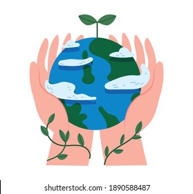 A huge hand holding the earth. Vector illustration of concept icons about environmental protection and nature conservation.