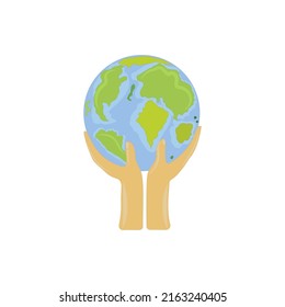 Una mano enorme sosteniendo la tierra. Iconos conceptuales sobre la protección del medio ambiente y la paz mundial.