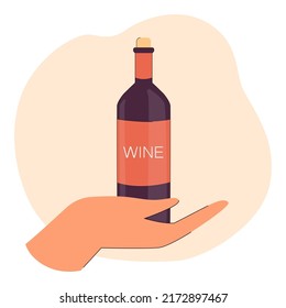 Huge hand holding glass wine bottle. Alcoholic person with drink flat vector illustration. Alcohol, addiction, health, advertisement concept for banner, website design or landing web page