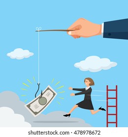 Huge hand holding money bill bait fishing businesswoman, vector illustration cartoon
