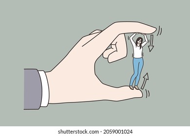 Huge hand holding small woman figure make tension manipulate. Boss or employer invisible pressure on female employee or worker. Hierarchy at office workplace, business problem. Vector illustration. 