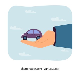 Huge hand holding tiny car flat vector illustration. Transportation, vehicle, insurance, automobile, property concept for banner, website design or landing web page