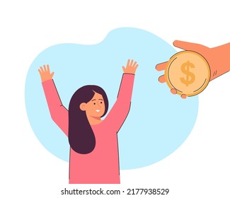 Huge Hand Offering Big Coin To Happy Girl. Parent Giving Pocket Money To Daughter Flat Vector Illustration. Family, Financial Literacy, Education Concept For Banner, Website Design Or Landing Web Page