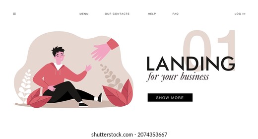 Huge hand offering help to boy sitting on ground. Fallen male character reaching for help flat vector illustration. Assistance, community, friendship concept for banner, website design or landing page