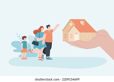 Huge hand offering house to happy family. Cheerful mother, father and son moving to new home flat vector illustration. Real estate, property, mortgage concept for banner or landing web page