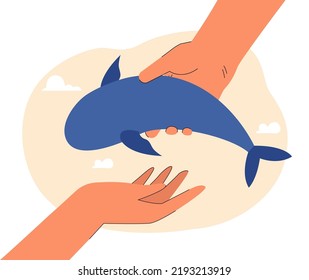 Huge hand of person putting tiny whale in hand. People saving engendered species flat vector illustration. Seafood, fishing, ecology, nature concept for banner, website design or landing web page