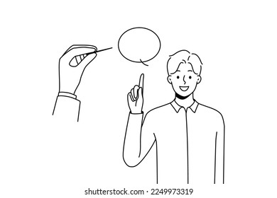 Huge hand pierce speech bubble reject comments or arguments. Person puncture talk balloon of man speaking. Criticism and opinion variety. Vector illustration. 