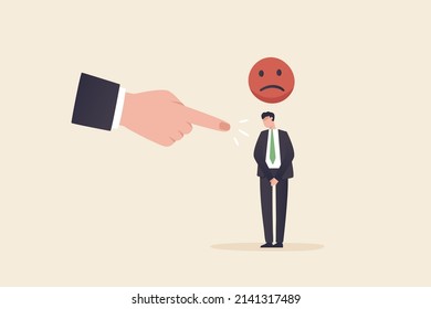 Huge hand pointing at confused business person. Demotivation from failure, mistake or negative feedback, no passion or burnout from exhausted work.
