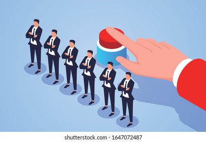 Huge hand pressing buttons standing behind a row of businessmen