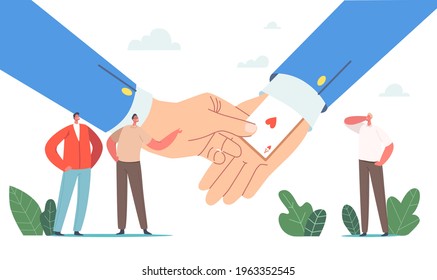 Huge Hand Pull Ace from Suit Sleeve, Unfair Business Competition Concept. Characters Cheating Trick, Advantage in Business. Tiny Businessmen Use Hidden Cards. Cartoon People Vector Illustration