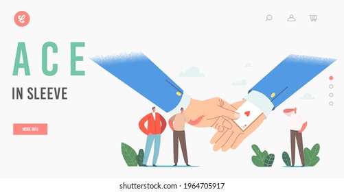 Huge Hand Pull Ace from Suit Sleeve, Unfair Business Competition Landing Page Template. Characters Cheating Trick in Business. Tiny Businessmen Use Hidden Cards. Cartoon People Vector Illustration