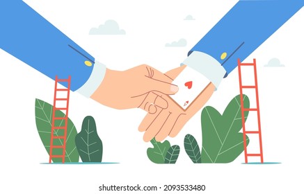 Huge Hand Pull Ace from Suit Sleeve, Unfair Business Competition, Lie, Trickery Concept. Cheating Trick, Advantage in Business. Businessmen Use Hidden Cards. Cartoon People Vector Illustration