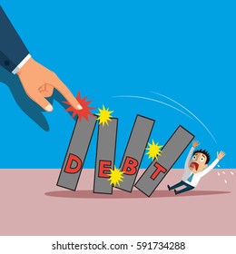 Huge hand pushing domino of red debt word falling on debtor, vector illustration cartoon