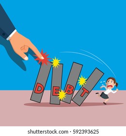 Huge hand pushing domino of red debt word falling on female debtor, vector illustration cartoon