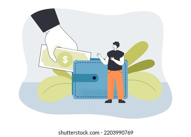 Huge hand putting banknote into wallet flat vector illustration. Male character receiving huge amount of money. Finance, banking, saving concept for banner, website design or landing web page