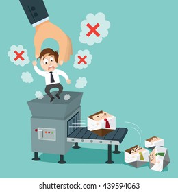 Huge hand putting employee in machine trash can, vector illustration cartoon