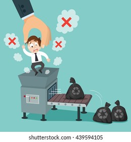Huge hand putting employee in machine trash can recycling, vector illustration cartoon