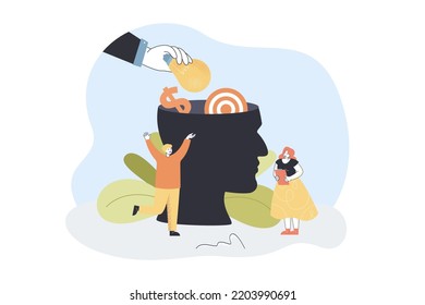 Huge hand putting lightbulb into human head. Tiny people having creative idea, working together flat vector illustration. Career, innovation concept for banner, website design or landing web page