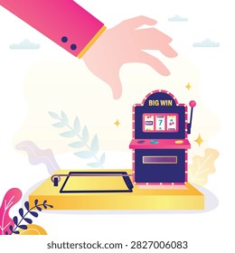 Huge hand reaches for slot machine set up as bait on mousetrap, dangerous addiction and hidden traps of casino gambling risk. Bad habits and poor money management. flat vector illustration