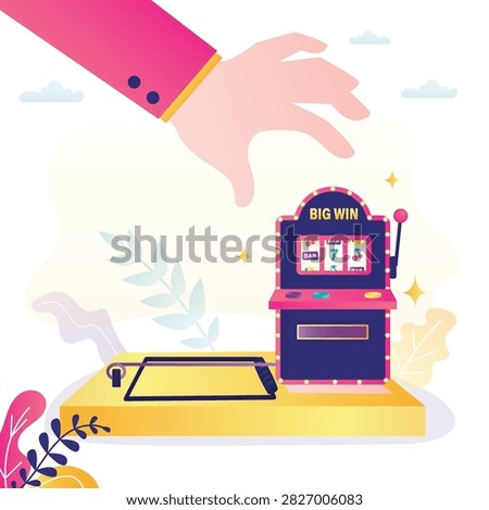 Huge hand reaches for slot machine set up as bait on mousetrap, dangerous addiction and hidden traps of casino gambling risk. Bad habits and poor money management. flat vector illustration