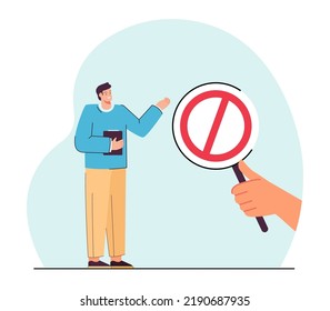 Huge hand showing man prohibition sign flat vector illustration. Security, safety, accessibility, rebellion, warning concept for banner, website design or landing web page