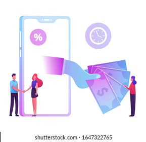 Huge Hand from Smartphone Screen Stretch Money to Woman Shaking Hands with Bank Employee. Micro Credit Finance Organization Service, Loan with Huge Percent, Banking. Cartoon Flat Vector Illustration