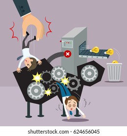 Huge hand squeeze man by gears wheels to get little idea, vector illustration cartoon