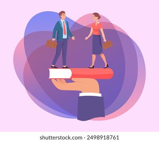 Huge hand of teacher holding book as bridge for business people. Knowledge as way to future success, graduate students becoming businessmen flat vector illustration. Education, literacy, growth concep