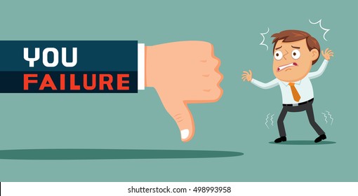 Huge hand with thumbs down pinned on businessman, vector illustration cartoon
